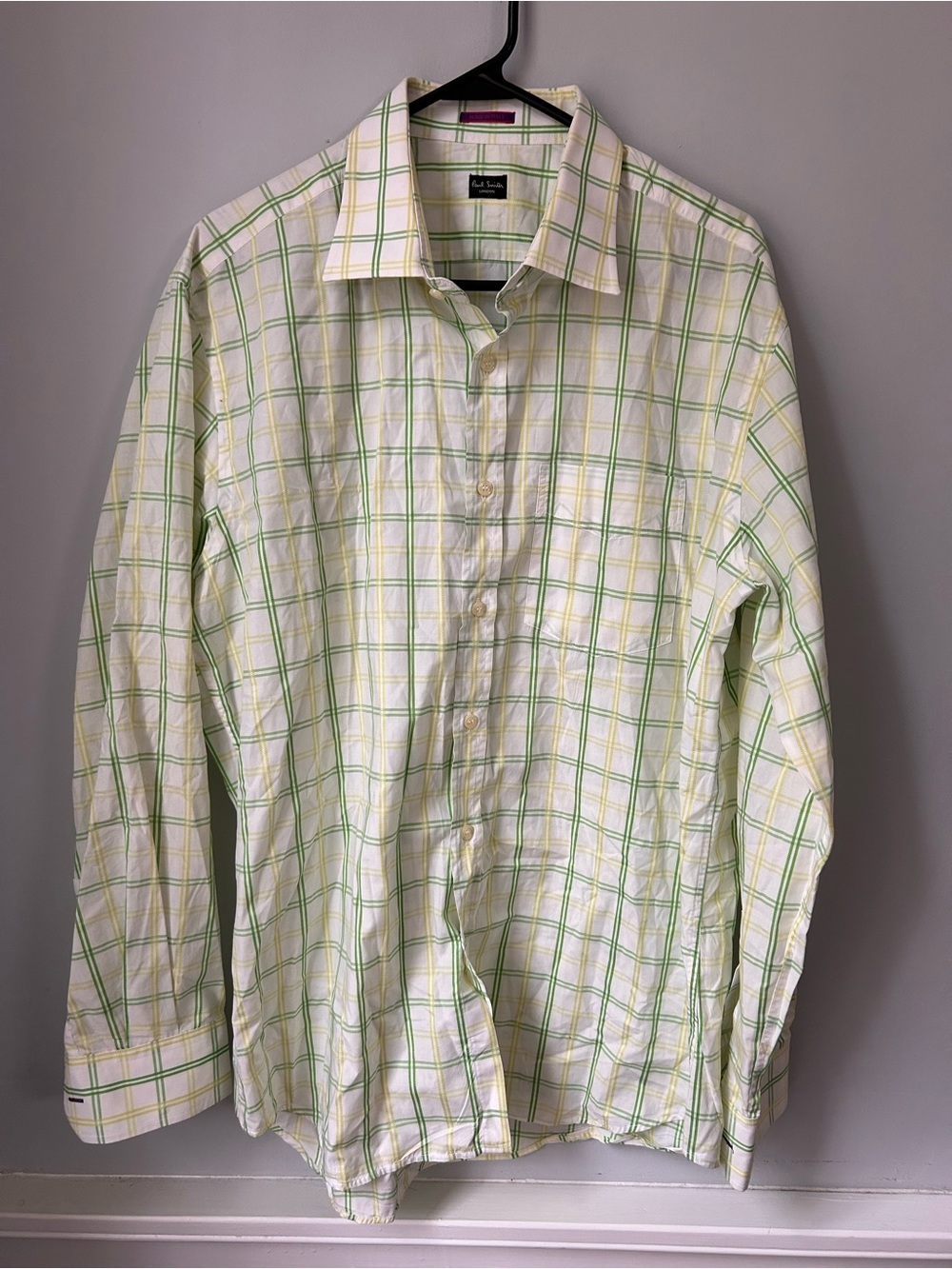 PAUL SMITH London Mens Green Yellow Plaid Long Sleeve Shirt 18 45 Made In Italy
